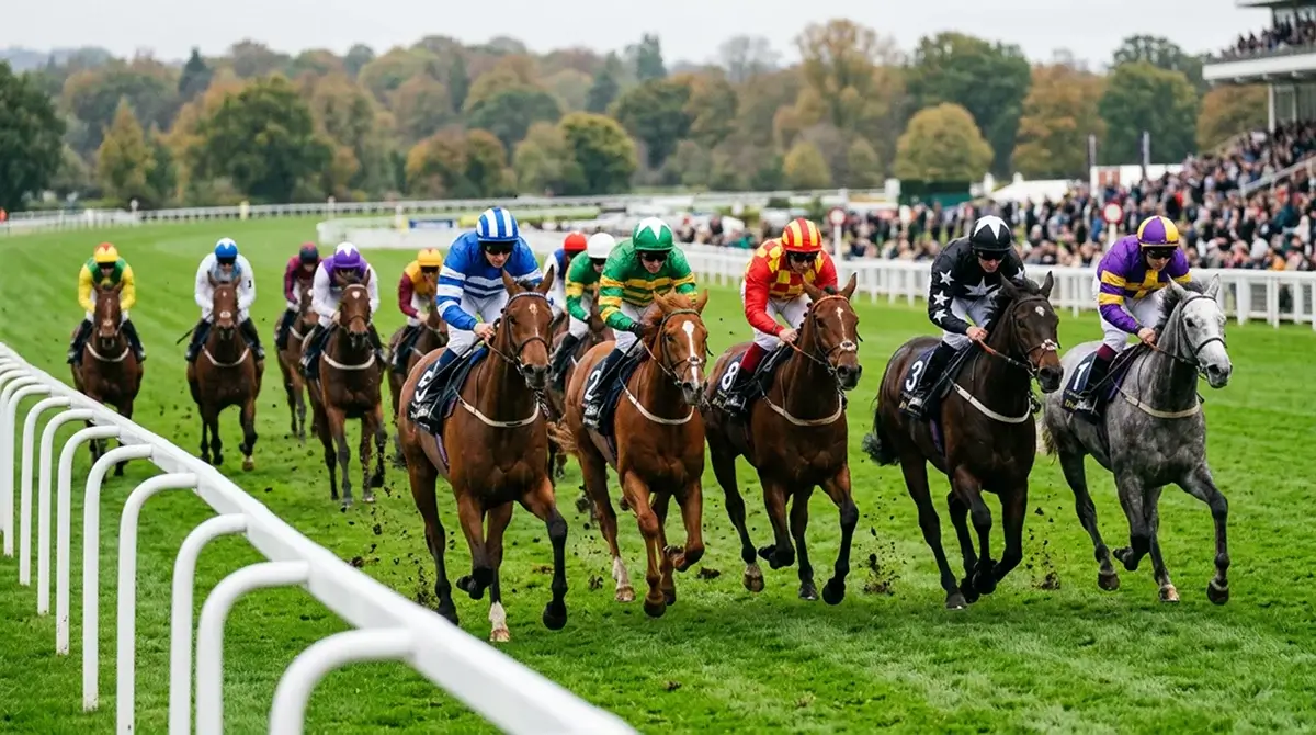Competitive handicap field of British thoroughbred racehorses turning into the home straight