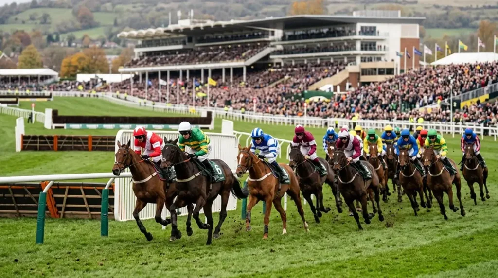 Wide UK festival handicap field rounding the home turn under autumn light