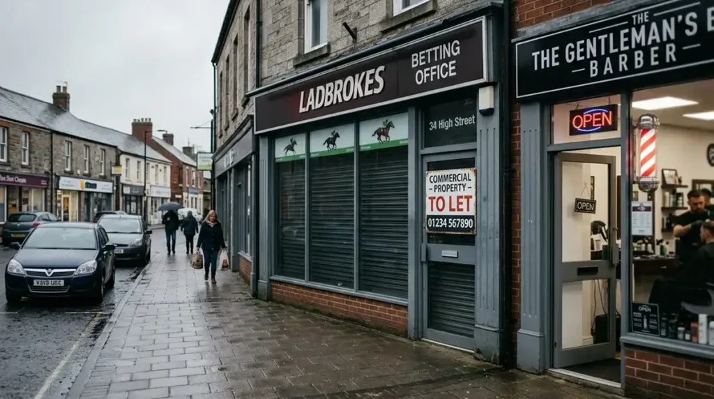 Closed UK betting shop with shuttered windows next to a barbershop on a quiet high street