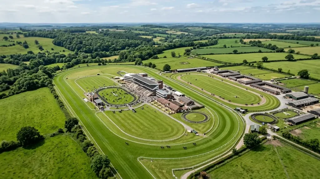 Aerial view of a UK racecourse and adjoining training yard with rolling countryside