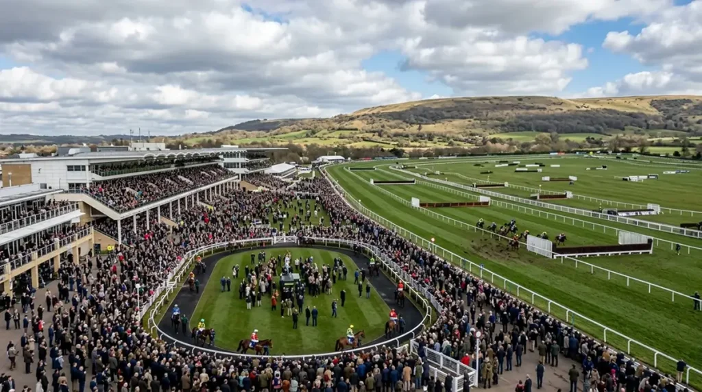 Aerial view of Cheltenham racecourse during the 2025 Festival with a Trifecta race-card overlay highlighting handicap races