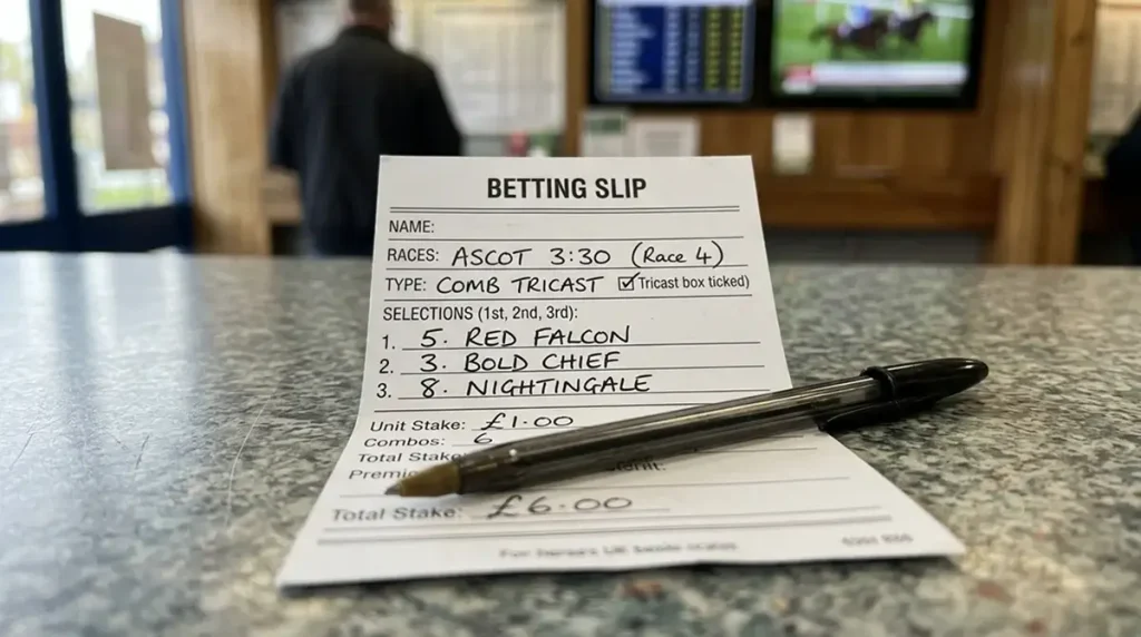 UK bookmaker betting slip filled out as a combination Tricast across three runners