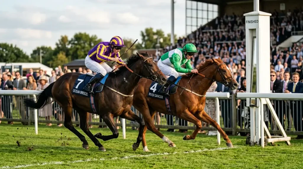 A British handicap finishing line with the first two horses framed for a Computer Straight Forecast settlement