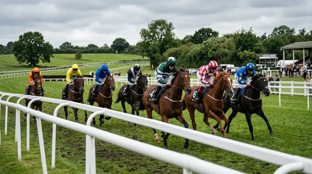 A small UK horse racing field of eight runners turning into the home straight on a quiet midweek meeting