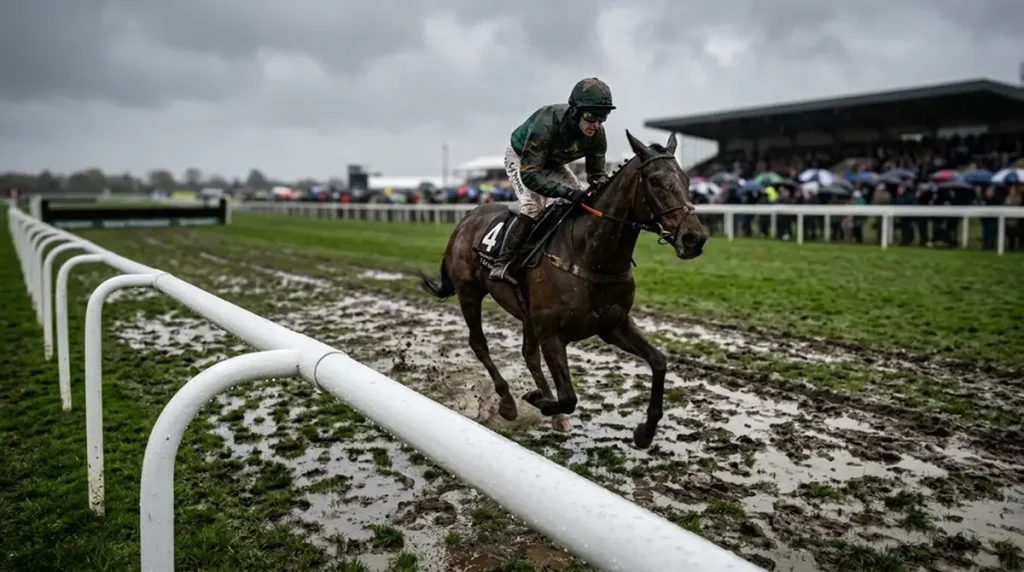 Waterlogged UK racecourse turf at the home turn with raindrops on the rail