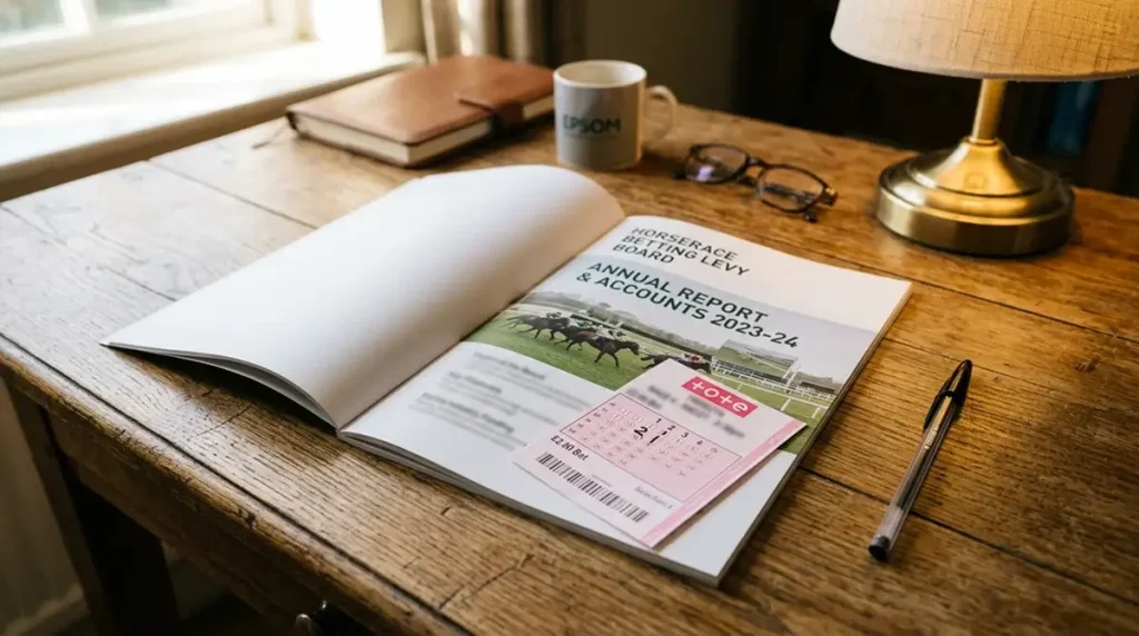 Open HBLB annual report on a desk with a Tote Trifecta slip placed across the cover page
