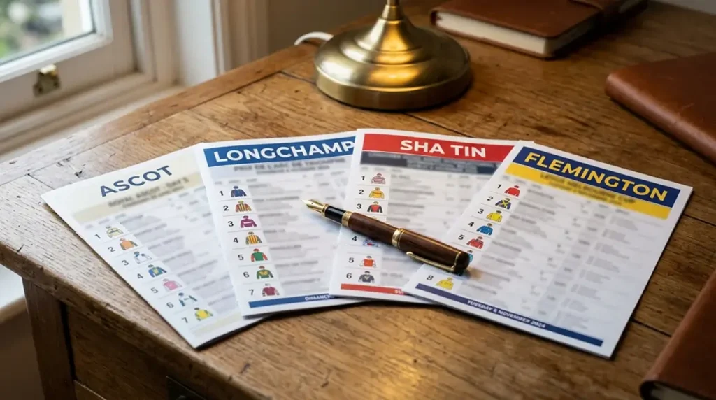 Four printed racecards from Ascot Longchamp Sha Tin and Flemington fanned out on a wooden desk