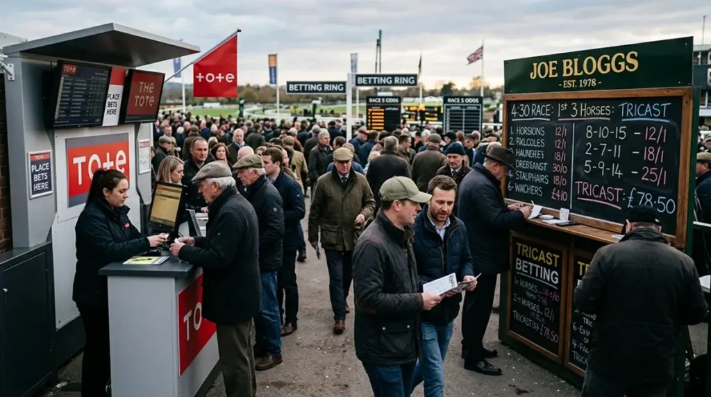 UK racecourse Tote terminal next to a bookmaker fixed-odds board showing Tricast prices