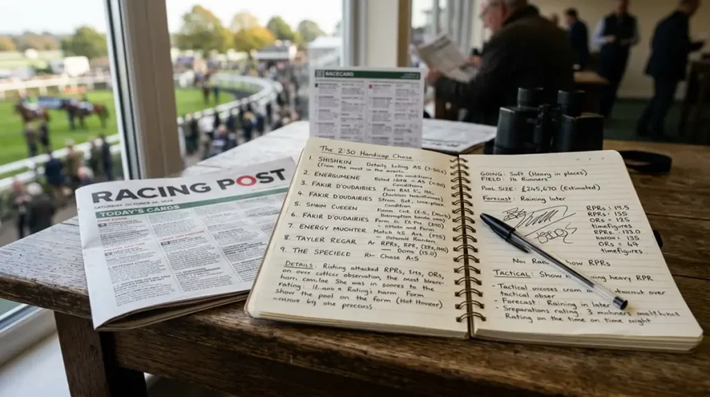 Hand-written racing notebook with a pre-race checklist of field size pool depth and pace notes