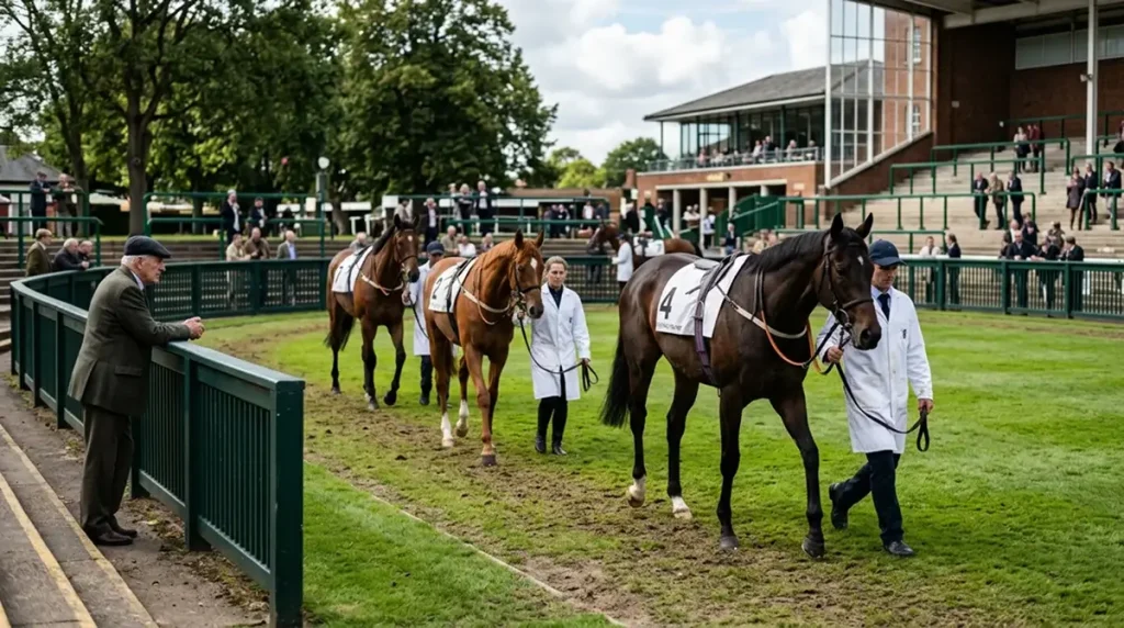 UK racecourse paddock viewed from the stands on a quiet midweek meeting