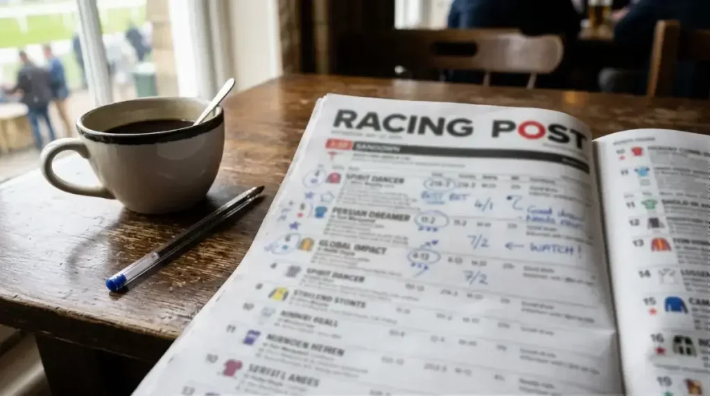 Open Racing Post race-card with handwritten notes against a coffee cup