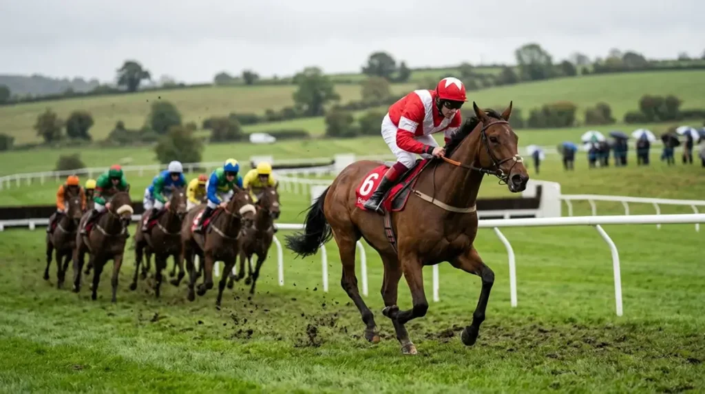 Front-runner leading a UK handicap field into the home turn under soft going