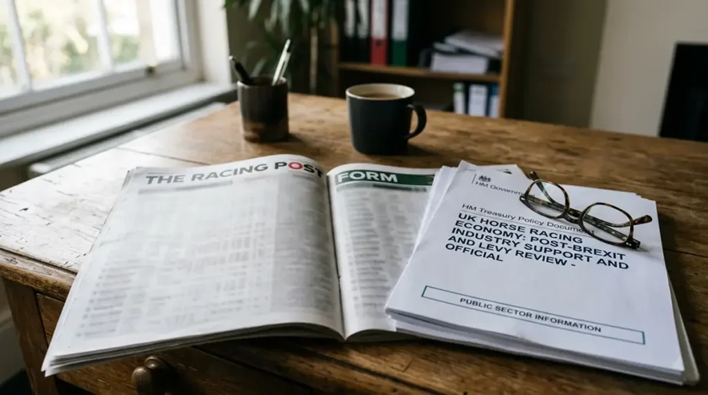 UK Treasury policy document on a desk next to an open Racing Post on a quiet office morning