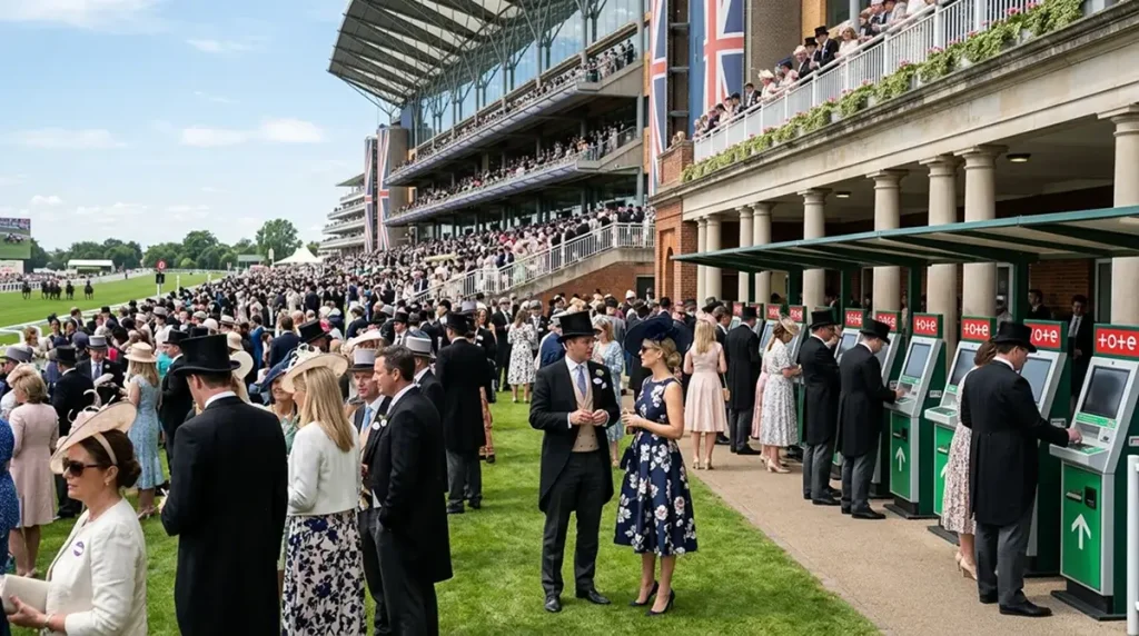 Royal Ascot grandstand on a sunny race day with Tote terminals visible in the betting hall