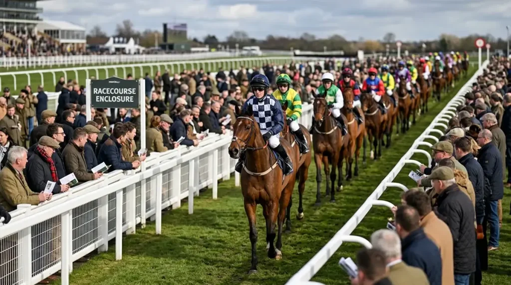 Crowded UK racecourse on a Saturday afternoon with a competitive handicap field on the way to post