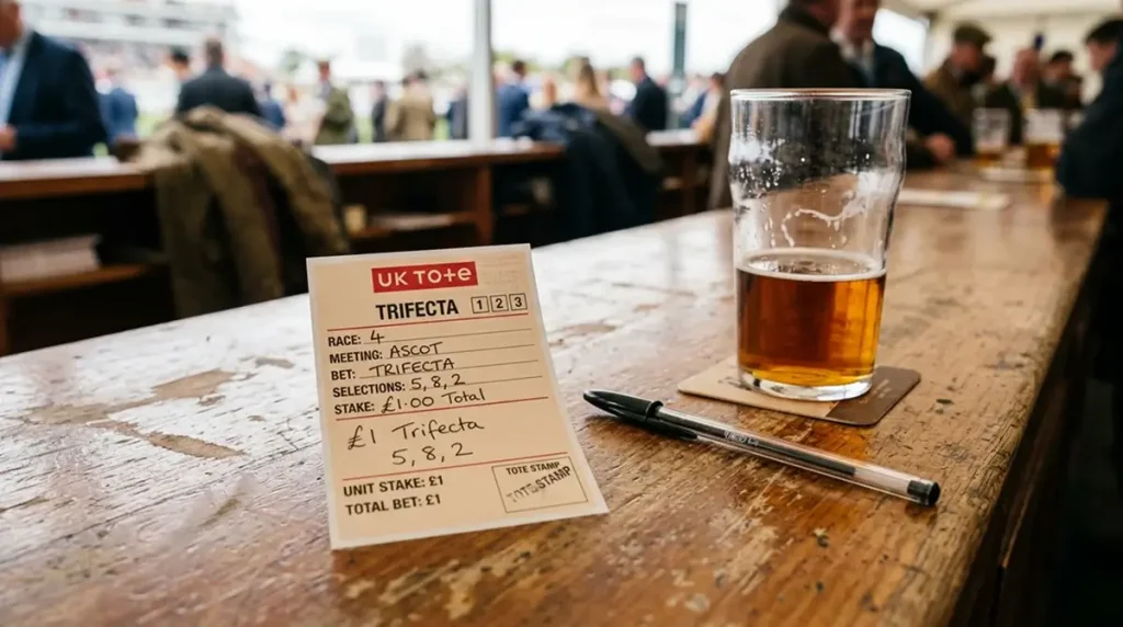 UK Tote betting slip showing a Trifecta stake with the 25 percent pool deduction visible on the settlement breakdown