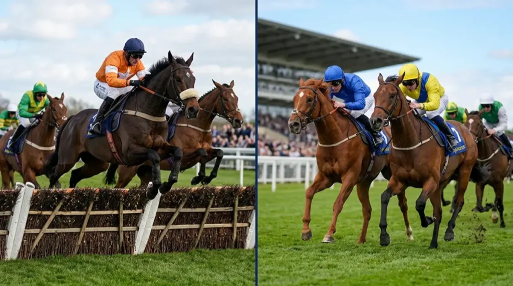 Side-by-side image of UK jumps race over hurdles and flat race at a galloping finish