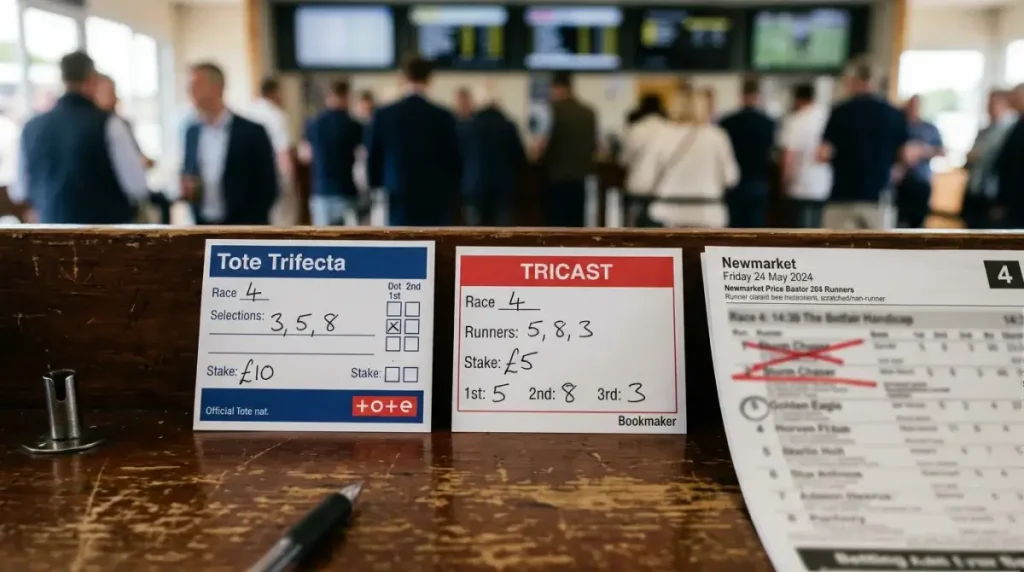 UK Tote and bookmaker slips side by side showing how a withdrawn horse affects Tricast and Trifecta settlement