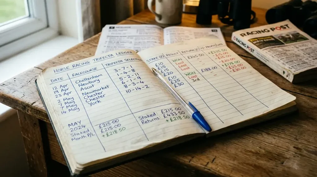 Notebook ledger tracking Trifecta stakes and monthly drawdown for a UK punter