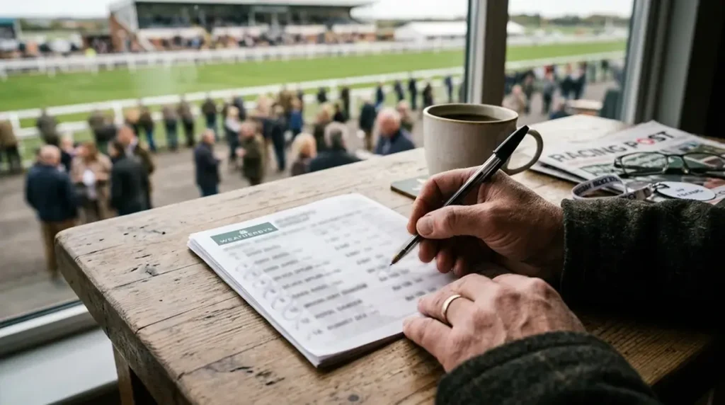 Seven horses circled in pen on a printed UK racecard for a handicap race with a Trifecta box selection marked