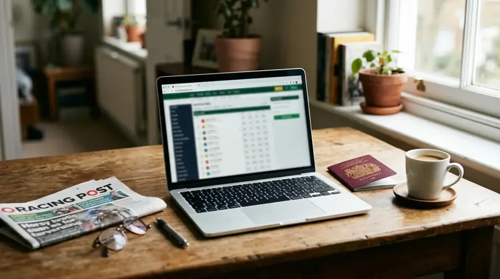 A laptop screen showing a generic offshore gambling website on a desk next to a UK passport and a coffee cup