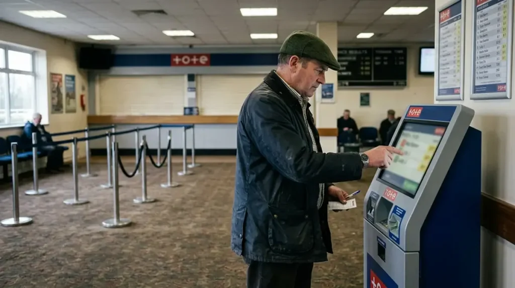 Quiet UK racecourse betting hall with a single punter at a Tote terminal on a midweek afternoon