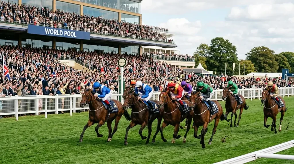 Ascot racecourse on World Pool day with the international Hong Kong Jockey Club commingling banner above the grandstand
